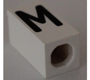 LEGO White Tile 1 x 2 x 5/6 with Stud Hole in End with Black ' M ' Pattern (upper case)