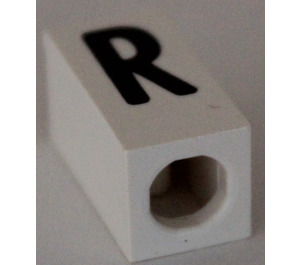 LEGO White Tile 1 x 2 x 5/6 with Stud Hole in End with Black ' R ' Pattern (upper case)