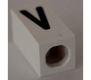 LEGO White Tile 1 x 2 x 5/6 with Stud Hole in End with Black ' V ' Pattern (upper case)