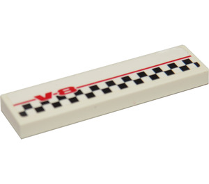 LEGO White Tile 1 x 4 with 'V-8' and Checkered Pattern Sticker (2431)