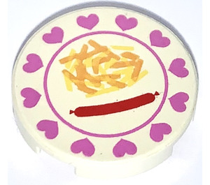 LEGO White Tile 2 x 2 Round with Dinner Plate with Sausage and French Fries with "X" Bottom (4150)