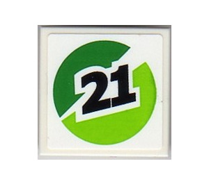 LEGO White Tile 2 x 2 with '21', Green and Lime Circle (Left) Sticker with Groove (3068)