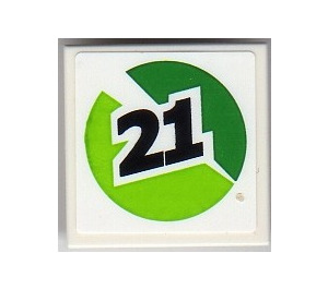 LEGO White Tile 2 x 2 with '21', Green and Lime Circle (Right) Sticker with Groove (3068)