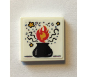 LEGO White Tile 2 x 2 with Black Pot with Flame and Stars Sticker with Groove (3068)