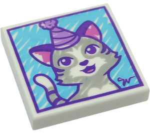 LEGO White Tile 2 x 2 with Cat with Party Hat with Groove (3068 / 36175)