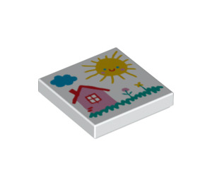 LEGO Wit Tegel 2 x 2 met Drawing van Cloud, Sun, House, en Bloemen met groef (3068 / 98484)