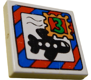 LEGO White Tile 2 x 2 with Fabuland Envelope, Black Airplane and '3' Green Stamp with Groove (3068)