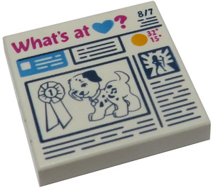 LEGO White Tile 2 x 2 with Heartlake Newspaper - What's At (Heart)? with Groove (3068 / 21220)