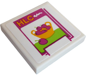 LEGO Weiß Fliese 2 x 2 mit "HLC", Bowl mit Cherries Aufkleber mit Nut (3068)