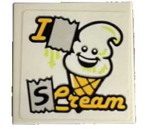 LEGO White Tile 2 x 2 with ‘I SCream’ Ice Cream Cone with Happy Face Sticker with Groove (3068)