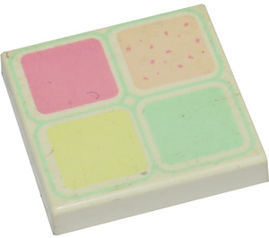 LEGO White Tile 2 x 2 with Light Yellow, Light Green, Medium Dark Pink and Light Salmon Squares Pattern with Groove (3068)