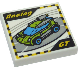 LEGO White Tile 2 x 2 with Lime Car and "Racing" "GT" with Groove (3068 / 36922)