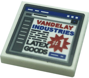 LEGO White Tile 2 x 2 with Monitor, 'VANDELAY INDUSTRIES', 'LATEX GOODS', and Number 1 Sticker with Groove (3068)