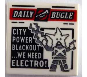 LEGO Hvit Tile 2 x 2 med Newspaper 'DAILY BUGLE' og 'CITY POWER BLACKOUT...WE NEED ELECTRO!' med Rille (3068)