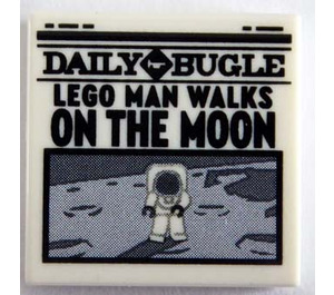 LEGO White Tile 2 x 2 with Newspaper 'DAILY BUGLE' and 'LEGO MAN WALKS ON THE MOON' with Groove (3068)