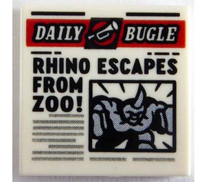 LEGO Hvit Tile 2 x 2 med Newspaper 'DAILY BUGLE' og 'RHINO ESCAPES fra ZOO!' med Rille (3068)