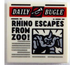 LEGO White Tile 2 x 2 with Newspaper 'DAILY BUGLE' and 'RHINO ESCAPES FROM ZOO!' with Groove (3068)