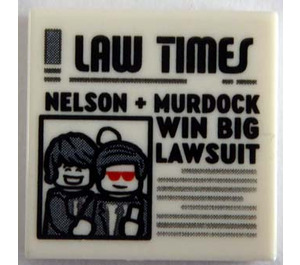 LEGO Hvit Tile 2 x 2 med Newspaper 'LAW TIMES' og 'NELSON + MURDOCK WIN Stor LAWSUIT' med Rille (3068)