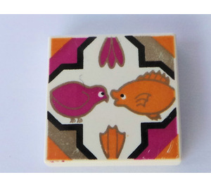 LEGO blanc Tuile 2 x 2 avec Orange Poisson et Dark Pink Oiseau Modèle avec rainure (3068)