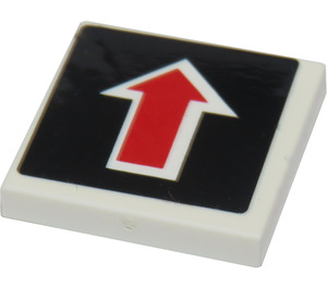 LEGO White Tile 2 x 2 with Red Arrow, White Border on Black Background Sticker with Groove (3068)