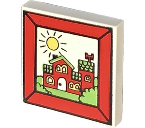 LEGO White Tile 2 x 2 with Red House and Sun with Groove (3068)