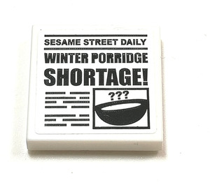 LEGO White Tile 2 x 2 with SESAME STREET DAILY WINTER PORRIDGE SHORTAGE! Sticker with Groove (3068)