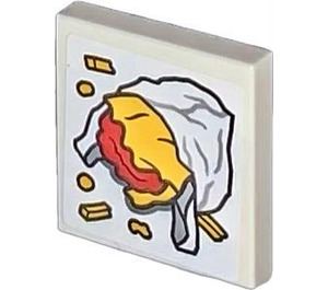 LEGO White Tile 2 x 2 with Shawarma Sandwich and Fries Sticker with Groove (3068)