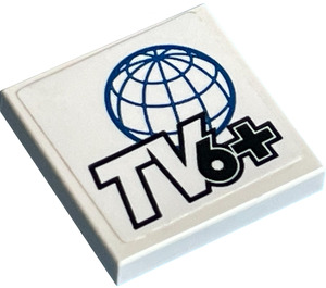 LEGO White Tile 2 x 2 with TV6+ and Blue Grid Globe on White Background Sticker with Groove (3068)