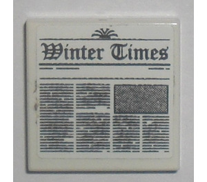 LEGO White Tile 2 x 2 with 'Winter Times' Newspaper Sticker with Groove (3068)