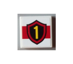 LEGO White Tile 2 x 2 with Yellow Number 1 in Fire Badge Sticker with Groove (3068)