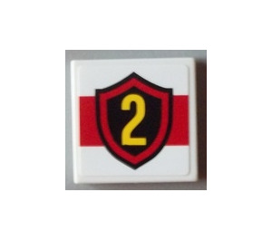 LEGO White Tile 2 x 2 with Yellow Number 2 in Fire Badge Sticker with Groove (3068)