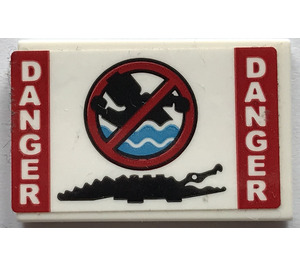 LEGO White Tile 2 x 3 with Crocodile, No Swimming sign and 'DANGER' Sticker (26603)