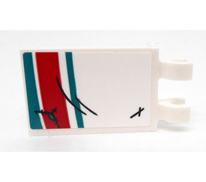 LEGO White Tile 2 x 3 with Horizontal Clips with Dark Turquoise and Red Stripes Sticker (Thick Open 'O' Clips) (30350)