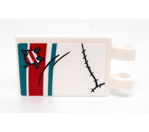LEGO White Tile 2 x 3 with Horizontal Clips with Dark Turquoise end Red Stripes and Cracks Sticker (Thick Open 'O' Clips) (30350)