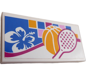 LEGO White Tile 2 x 4 with Flower, Basketball, and Tennis Racket Sticker (87079)