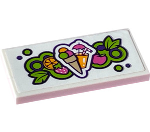 LEGO White Tile 2 x 4 with Ice Cream, Drink and Fruits Sticker (87079)