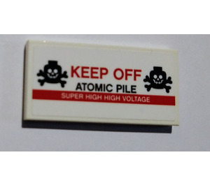 LEGO White Tile 2 x 4 with "Keep off atomic pile" Sticker (87079)