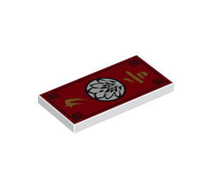LEGO White Tile 2 x 4 with Red Tapestry with Asian Characters, Black Border and Flower in White Circle (36833 / 87079)