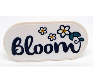 LEGO White Tile 2 x 4 with Rounded Ends with Dark Blue 'Bloom' Sticker (66857)