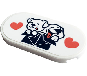 LEGO White Tile 2 x 4 with Rounded Ends with Two Dogs in a Box and Hearts Sticker (66857)