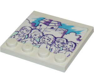 LEGO blanc Tuile 4 x 4 avec Goujons sur Bord avec Drawing of 5 Friends Girls, Clouds, et Building Autocollant (6179)