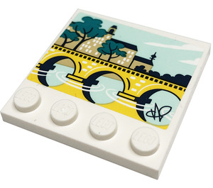 LEGO White Tile 4 x 4 with Studs on Edge with Painting of River, Bridge and Church Sticker (6179)
