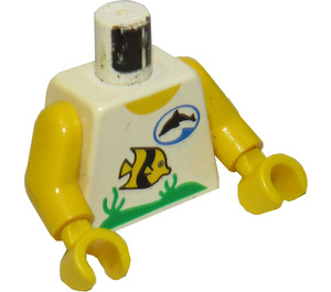 LEGO Wit Town Torso met Zwart Dolfijn in Blauw ovaal logo en Geel en Zwart Vis Patroon met Geel Armen en Geel Handen (973)