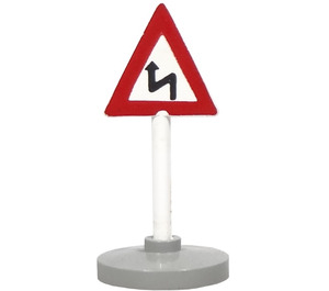 LEGO White Triangular Road Sign with attention curved road pattern (with arrow) with base Type 2