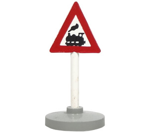 LEGO White Triangular Roadsign with train crossing (left) pattern with base Type 2