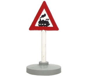 LEGO White Triangular Roadsign with train crossing (left) pattern with Base Type 2