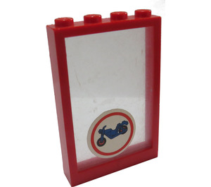 LEGO Raamkozijn 1 x 4 x 5 met Fixed Glas met Motorfiets en Rood Cirkel Sticker