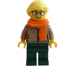 LEGO Kvinna i Mörk Gulbrun Tröja med Orange Scarf Minifigur