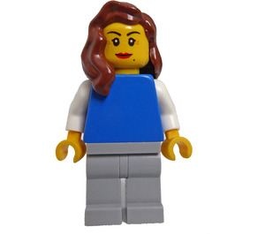 LEGO Vrouw, Vlak Blauw Torso met Wit Armen, Reddish Bruin Haar Minifiguur