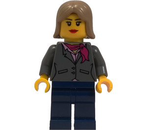 LEGO Vrouw met Dark Stone Grijs Jasje, Magenta Sjaal, Roze Blouse, Dark Blauw Poten, en Donker zandbruin Shoulder-Length Haar Minifiguur